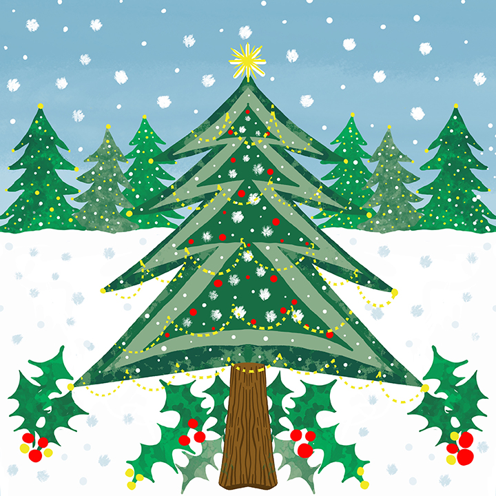 Christmas trees and holiday scene
