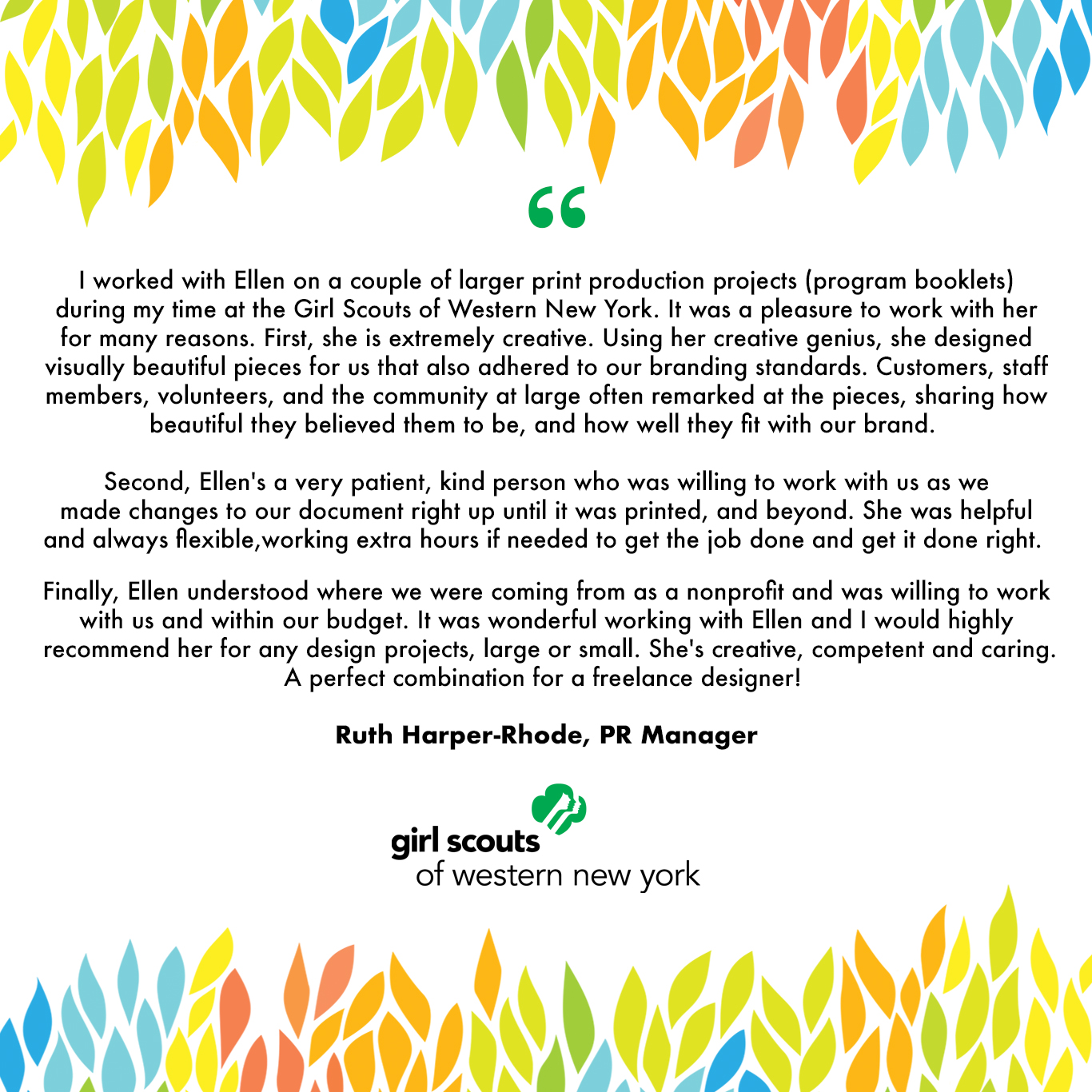 testimonial of Ellen Morse by girl Scouts of WNY