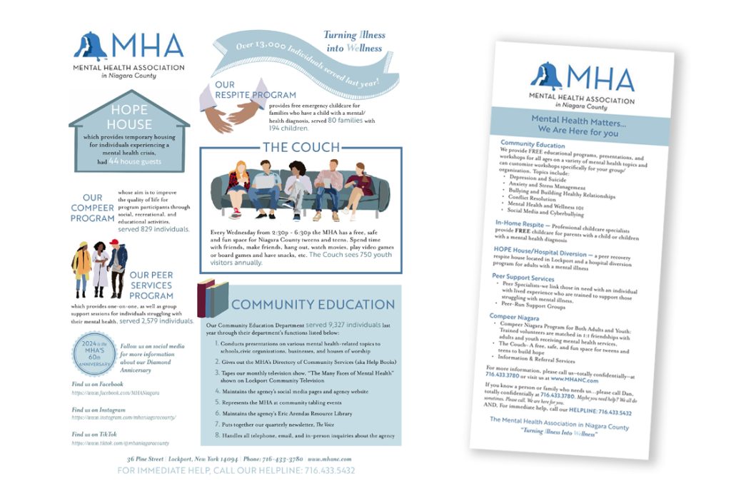 Mental Health Association of Niagara County marketing materials including an infographic designed by Ellen Morse